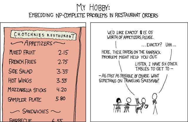 Comic strip from xkcd by Randall Munroe on the knapsack problem
